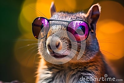 Funny squirrel wearing sunglasses in studio with a colorful and bright background. Generative AI Stock Photo