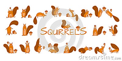 Funny squirrels with nut, collection for your design Vector Illustration