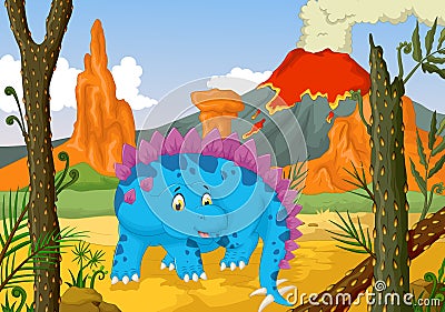 Funny stegosaurus cartoon with forest landscape background Stock Photo