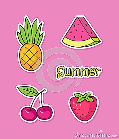 Funny stickers with summer fruits and berries Vector Illustration