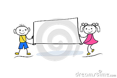 Funny stickman boy and girl holding banner. Business presentation element with copy space. Stock Photo