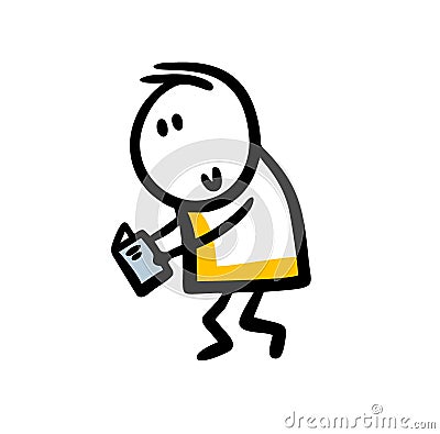 Funny stickman character holding book and reading by walking. Vector Illustration