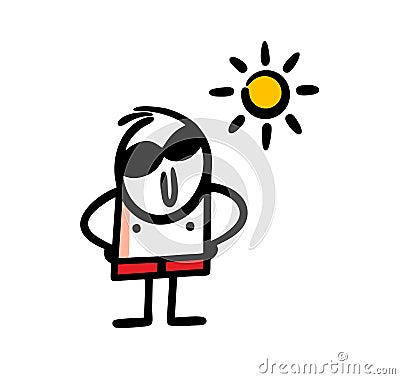 Funny stickman in swimming trunks and sunglasses enjoying sunny weather on the beach near swimming pool. Vector Illustration