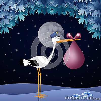 Funny stork with baby girl in the night Stock Photo