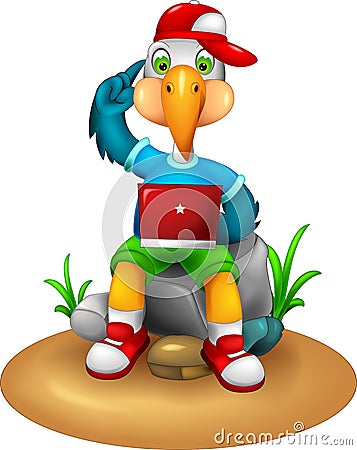 Funny stork cartoon sitting with smile and play pc Cartoon Illustration