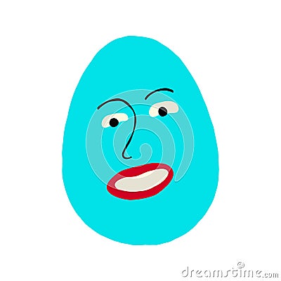 Funny strange blue egg with face. Cute quirky comic Easter egg Vector Illustration