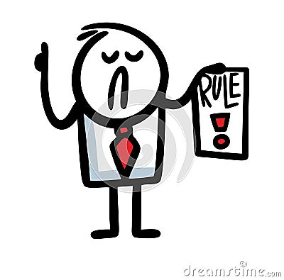 Funny strict man in business suit holds a list of rules and attracts attention. Vector Illustration