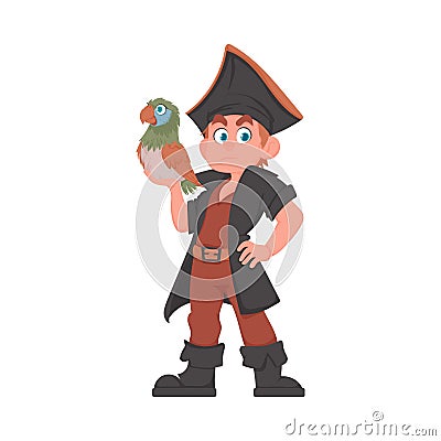 Funny and strict man pirate with a parrot. Cartoon style Vector Illustration