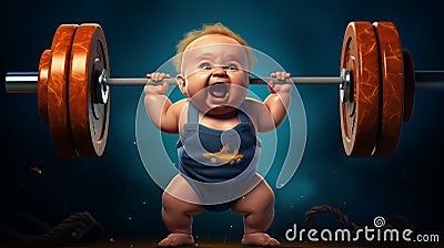 Funny strong baby lifting Funny strong baby lifting a comically oversized barbell, AI generated Stock Photo