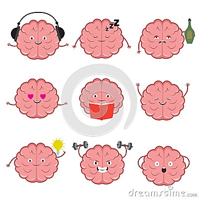 Funny strong, healthy and smart brain. Brains emotions vector cartoon characters set Vector Illustration