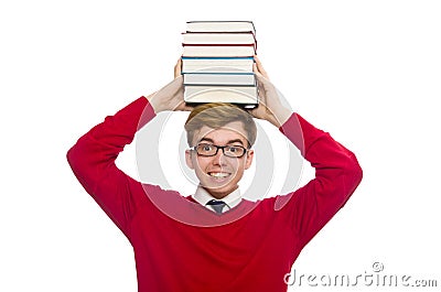 Funny student with books isolated on the white Stock Photo