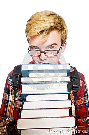 Funny student with lots Stock Photo