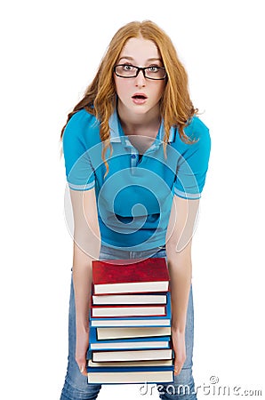 Funny student with stack Stock Photo