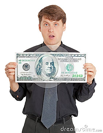 Funny stupid man holding a big money Stock Photo