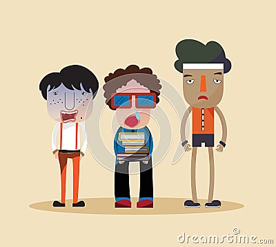 Funny stylish cartoon characters of a nerd, ugly jerk, and cheap Vector Illustration
