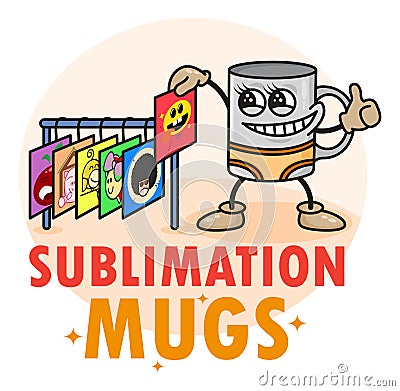 Funny sublimation mugs logo with cute funny cup. Image changing coffee mug template. For typography, print, corporate identity, Vector Illustration