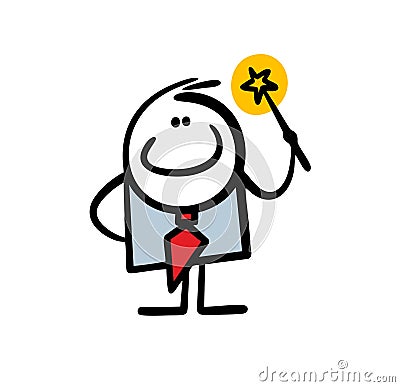 Funny successful businessman wizard waves a magic wand and solves all financial problems by magic. Vector Illustration