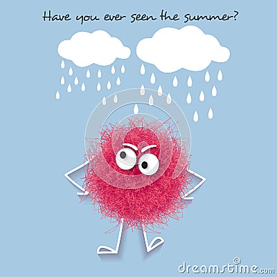 Funny summer banner with fluffy pink creature Vector Illustration