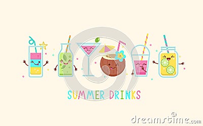 Funny summer drinks characters. Vector Illustration
