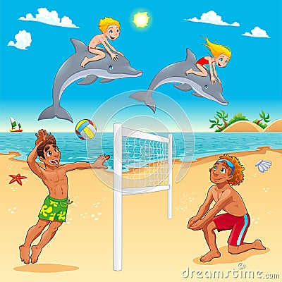 Funny summer scene with dolphins and beachvolley Vector Illustration