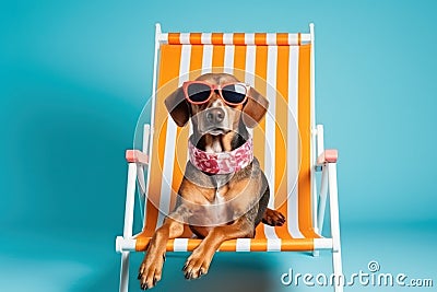 funny sunglasses wearing dog enjoys a vacation, catching some rays on a deck chair Stock Photo