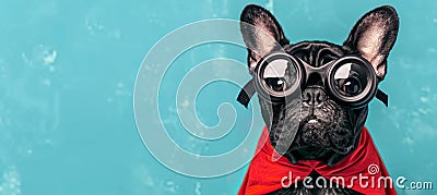 Funny super dog in costume flying with copy space, isolated on pastel background Stock Photo