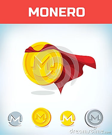 Funny super hero businessman flying monero. Miner bit coin digital currency cryptocurrency. Orange coin with monero Vector Illustration