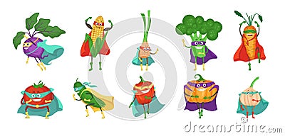 Funny superhero vegetable cartoon character set, flat vector isolated illustration. Vector Illustration