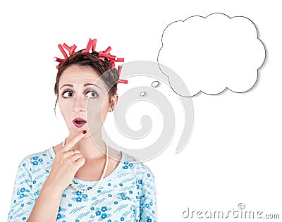 Funny surprised housewife looking at something Stock Photo