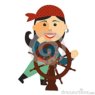 Funny surprised red-haired pirate girl holding a bomb with lit fuse with a parrot on his head isolated on white background Vector Illustration