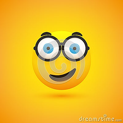 Funny Surprised, Satisfied Smiling Nerd Emoji with Glasses and Pop Out Wide Open Big Blue Eyes - Simple Happy Emoticon Vector Illustration