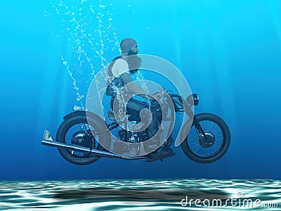 Funny Surreal Biker, Motocycle, Underwater Stock Photo