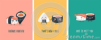 Funny Sushi concept design with sushi characters. Cute vector illustrations Vector Illustration