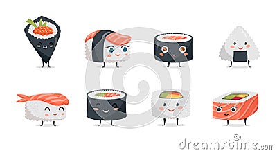 Funny Sushi concept design with sushi characters. Cute vector illustrations Vector Illustration