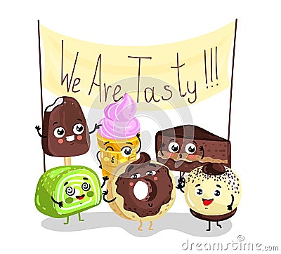 Funny sweet tasty dessert character set Vector Illustration