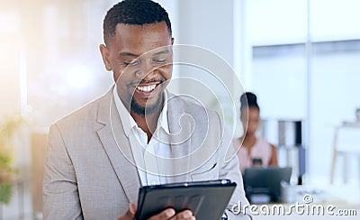 Funny, tablet and businessman laughing at social media meme in the internet or online while working in an office. Joke Stock Photo