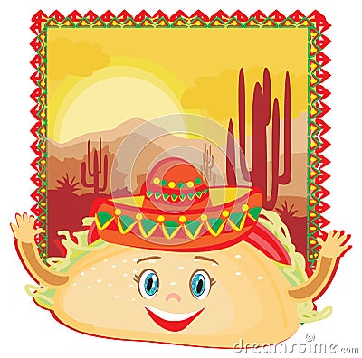 Funny Tacos Character , Mexican frame card Vector Illustration