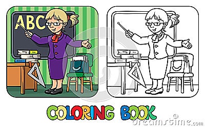 Funny teacher. Coloring book. Profession series. Vector Illustration