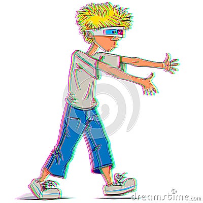 Funny teen boy wearing 3d glasses. Vector Illustration
