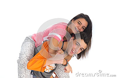 Funny teen couple, smiling newly wake up and dressed in their p Stock Photo