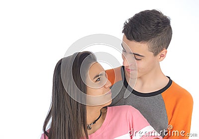 Funny teen couple, smiling newly wake up and dressed in their p Stock Photo