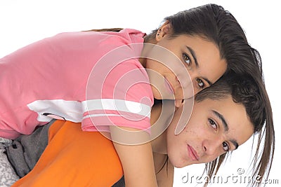 Funny teen couple, smiling newly wake up and dressed in their p Stock Photo