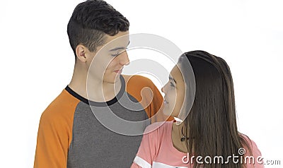 Funny teen couple, smiling newly wake up and dressed in their p Stock Photo