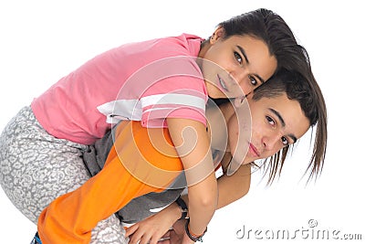 Funny teen couple, smiling newly wake up and dressed in their p Stock Photo