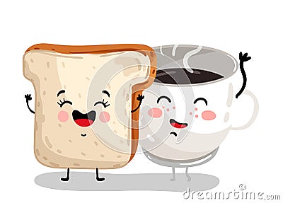 Funny toast bread and coffee cup cartoon character Vector Illustration