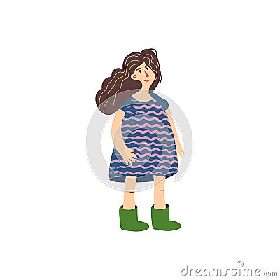 Funny toddler girl in dress and rubber boots Hand drawn flat vector illustration in cartoon style isolated on white Vector Illustration