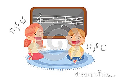 Funny Toddlers in Kindergarden Sitting on the Floor and Singing Song Vector Illustration Vector Illustration