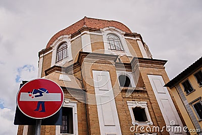 Funny traffic signs, Florence, Italy-March 30, 2018: No Entry and Dead End street signs in streets of Florence were animated by a Stock Photo