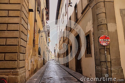 Funny traffic signs, Florence, Italy-March 30, 2018: No Entry and Dead End street signs in streets of Florence were animated by a Stock Photo