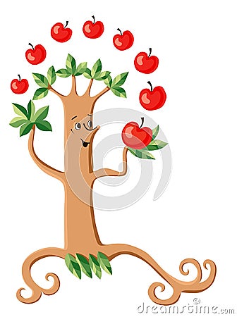 Funny tree juggles red apples. Vector illustration. Vector Illustration